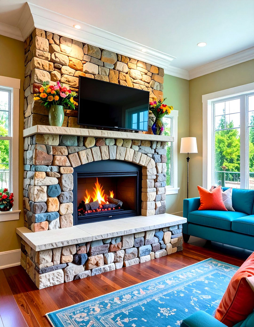 Faux Stone Fireplace with Integrated TV Niche - 20 Faux Stone Fireplace Ideas