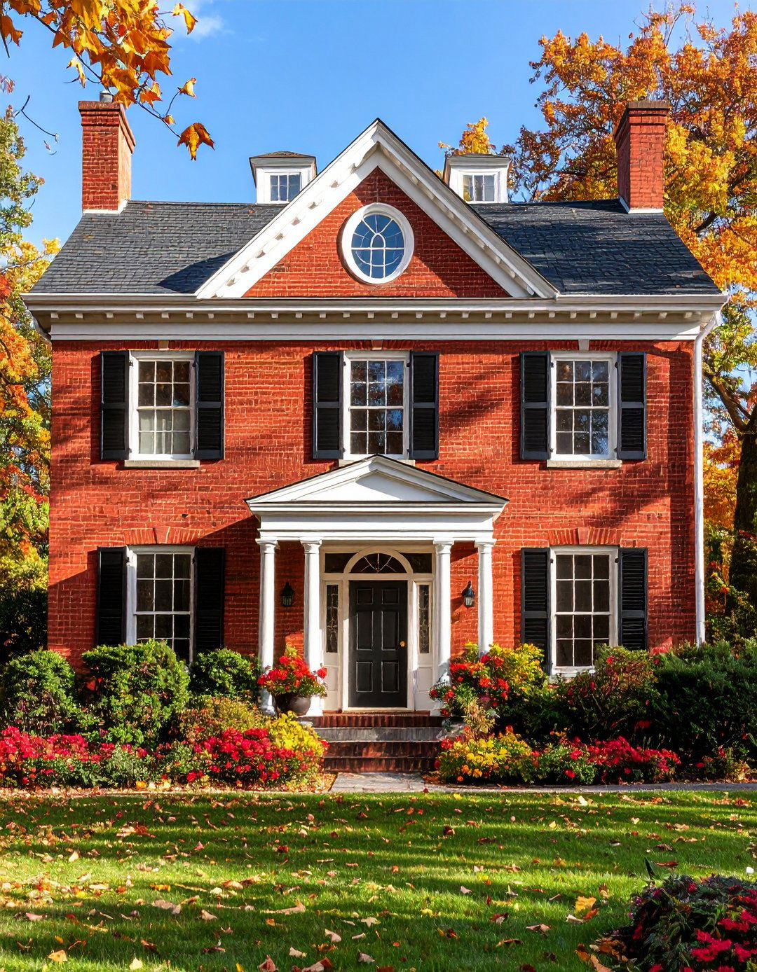 Federal Style Red Brick House with Black Trim Refinement - 20 Red Brick House with Black Trim Design Ideas