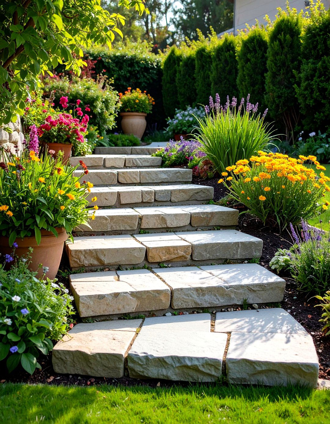 Fieldstone Patio Steps with Mortar Joints - 20 Patio Steps Ideas