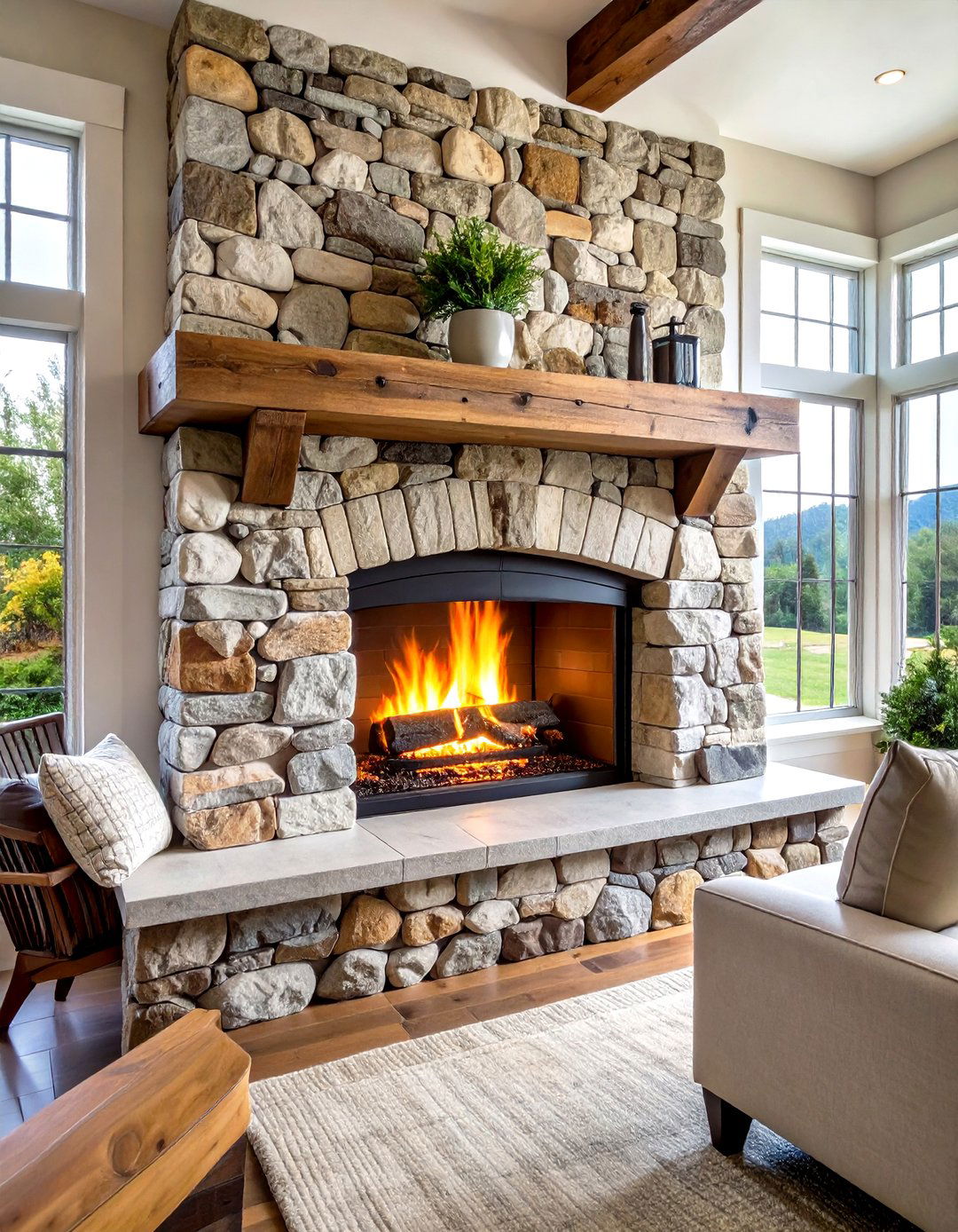 Fieldstone Rustic Fireplace with Reclaimed Beam Mantel - 20 Rustic Fireplaces