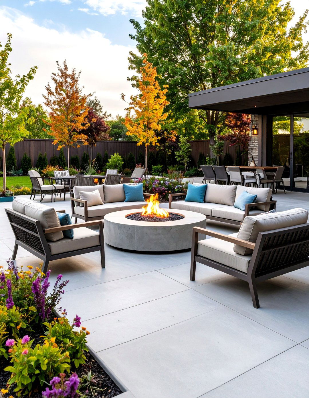 Fire Pit Concrete Patio Entertainment Area - 20 Concrete Patio Ideas on a Budget