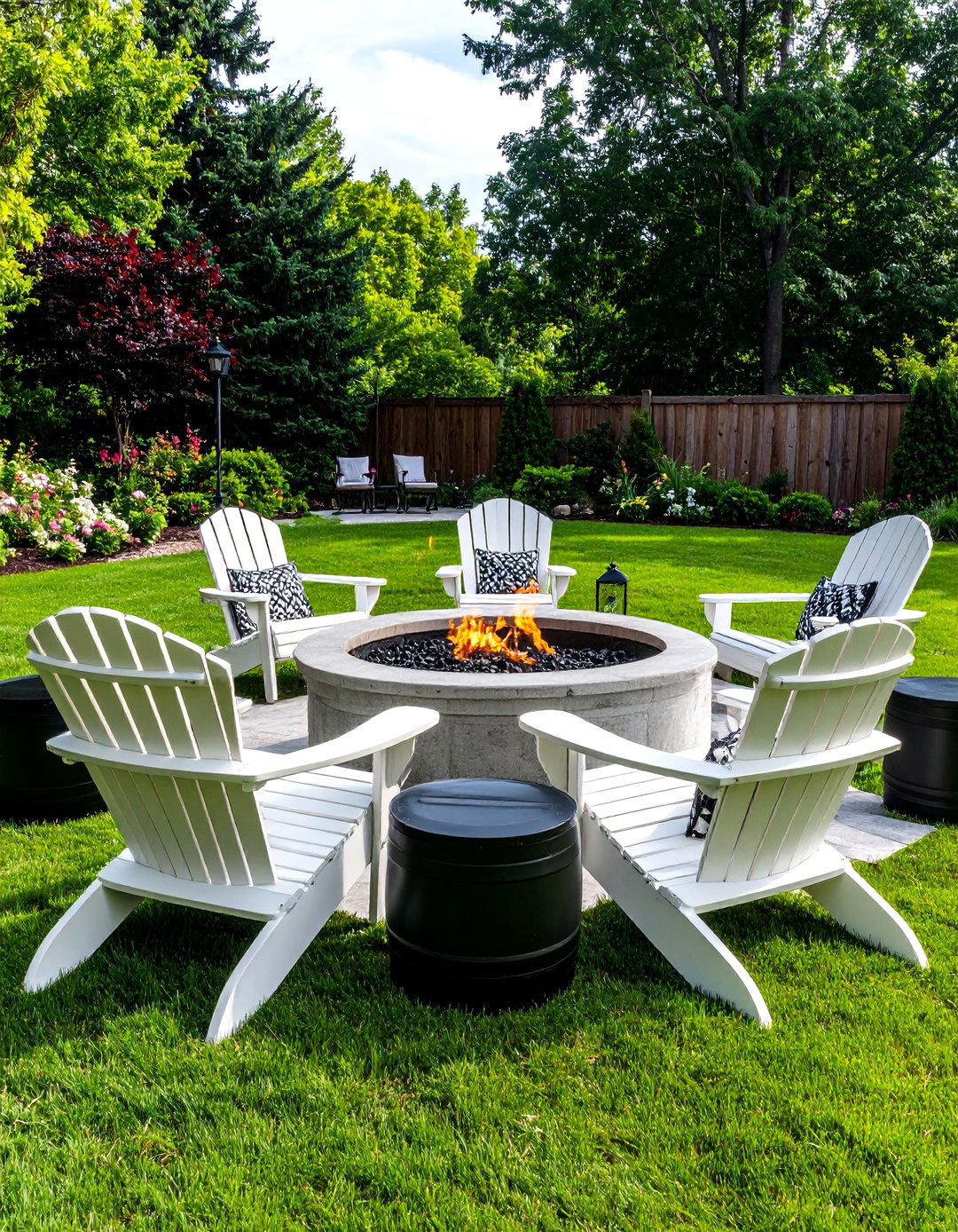 Fire Pit Lounge With Monochrome Cushions - 20 Black and White Patio Ideas