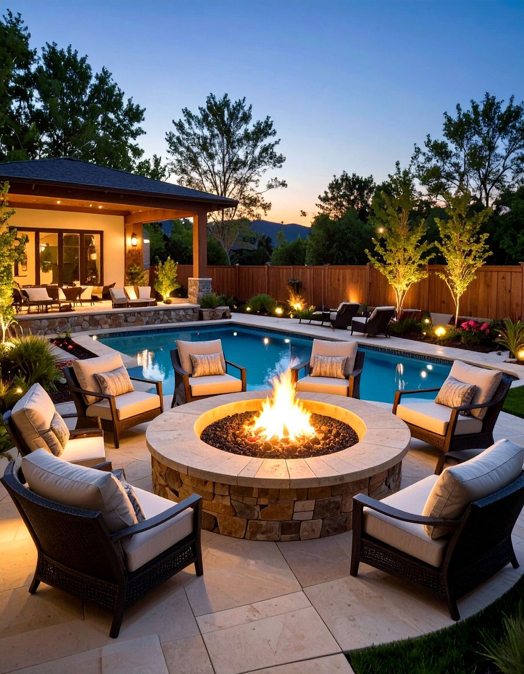 Fire Pit Pool Deck with Evening Entertainment Focus - 20 Pool Deck Ideas
