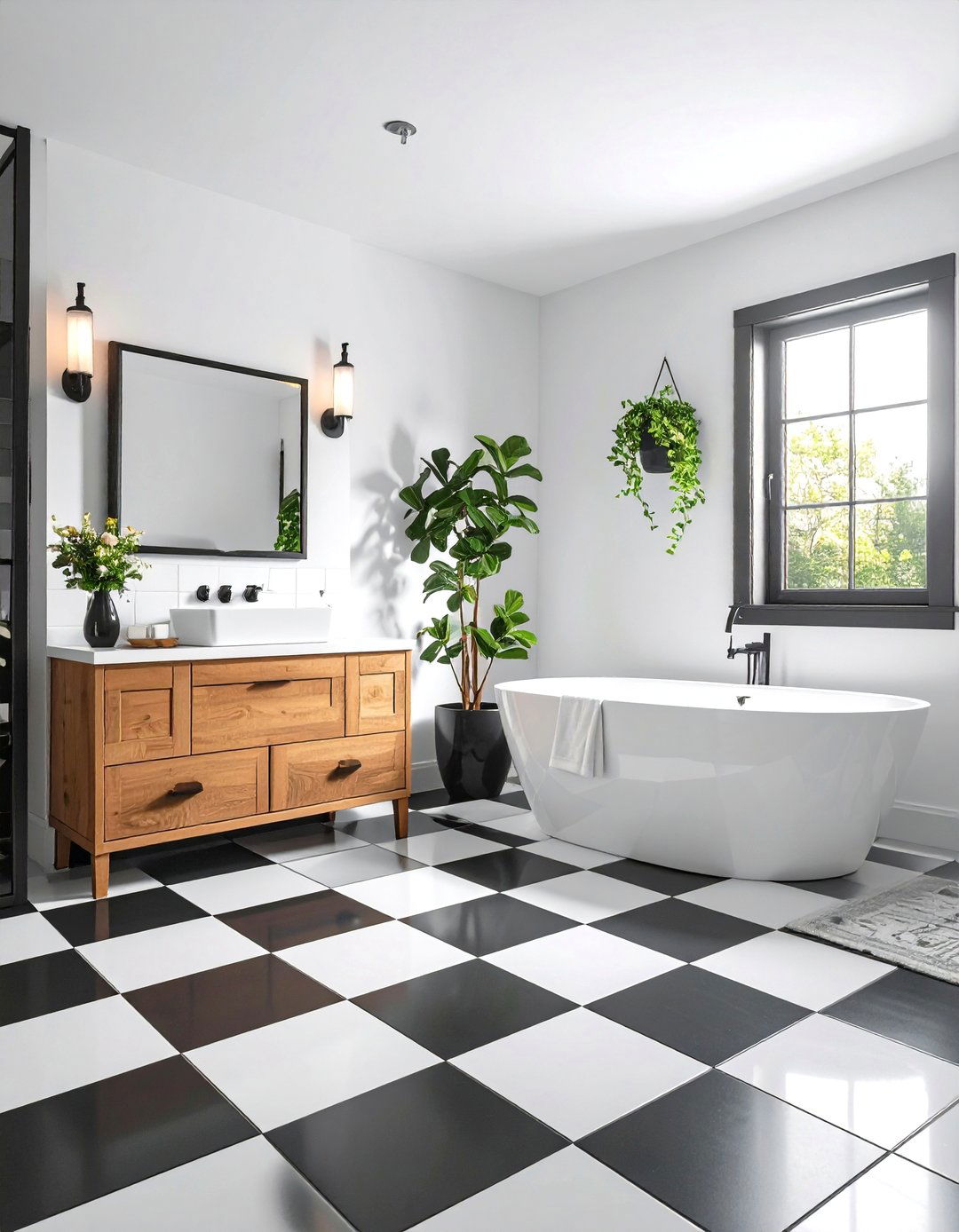 Firefly A bathroom floor with black and white checkerboard and hexagonal tiles crisp geom - 20 Art Deco Bathroom Ideas