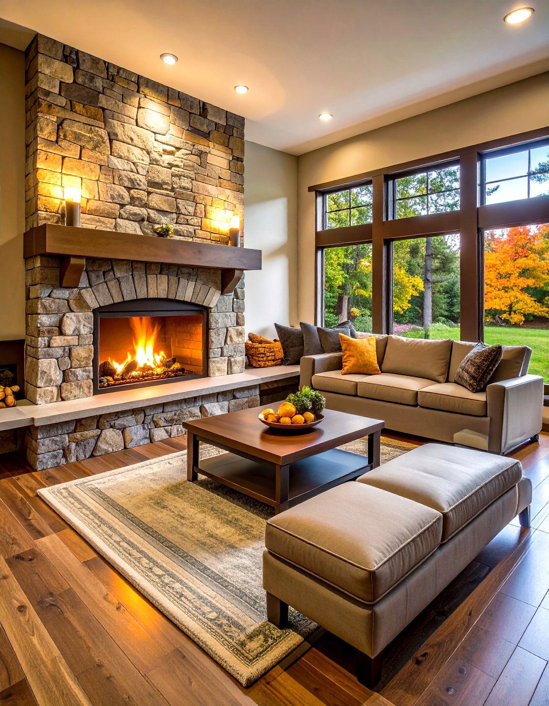 Firefly A fireplace with integrated stone bench seating built in storage cubbies electr - 20 Basement Fireplace Ideas
