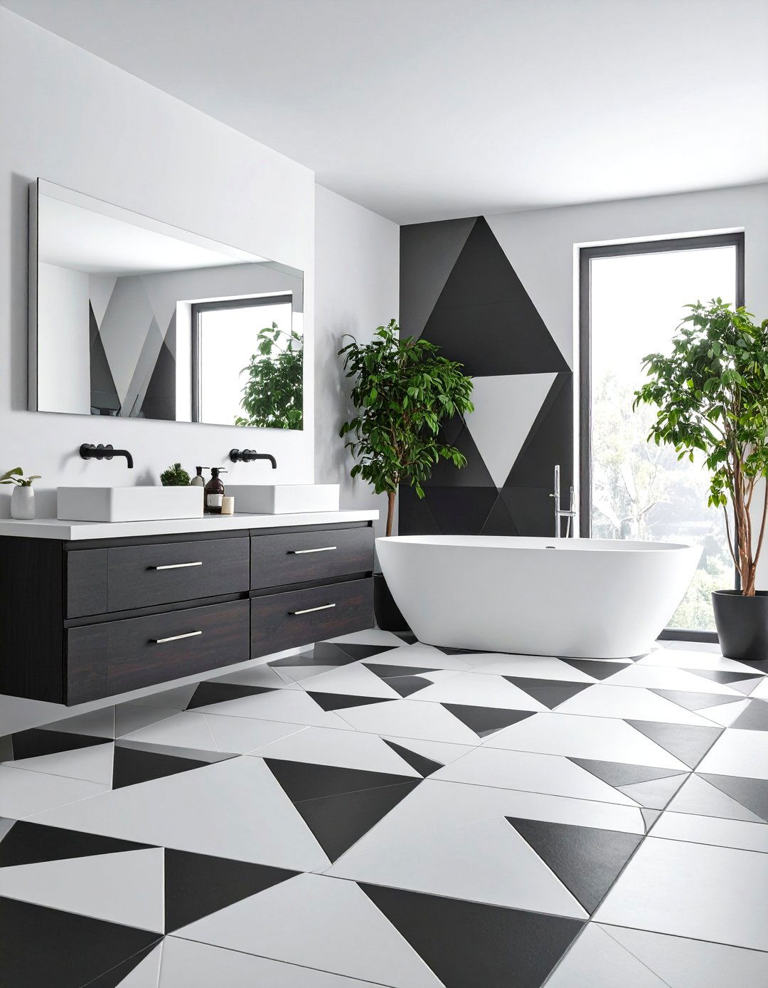 Firefly A floor tiled with large triangular high contrast tiles in black and white minim