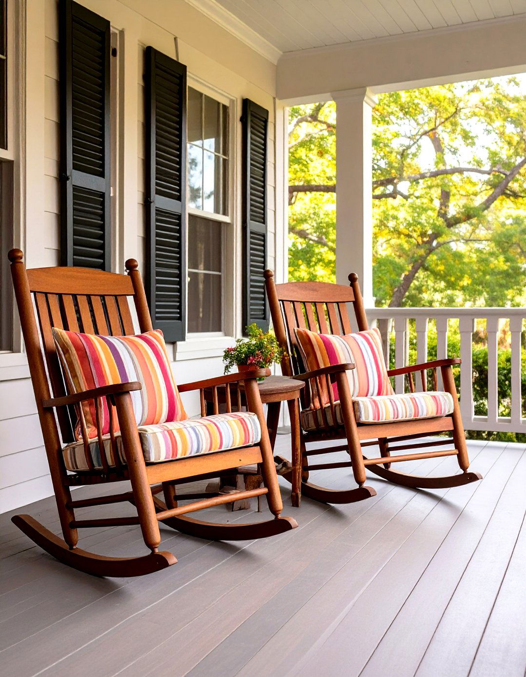 Firefly A pair of classic teak rocking chairs vibrant striped cushions small side table - 20 Southern Front Porch Ideas