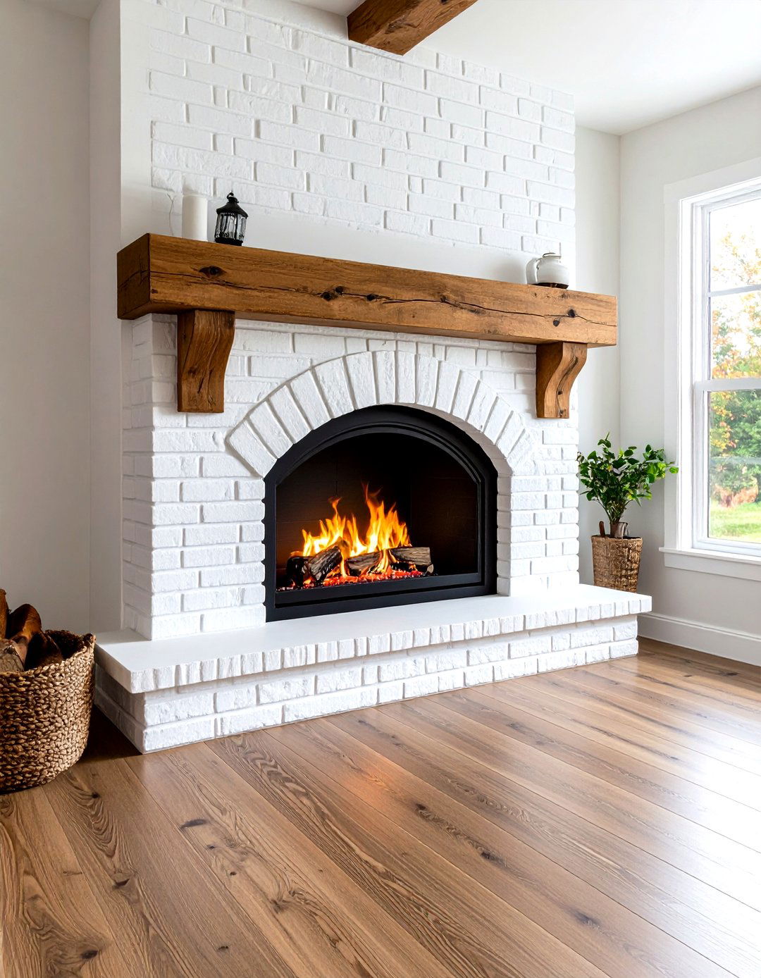Firefly A white painted arched brick fireplace with rustic wood mantel decorative tile i - 20 Brick Fireplace Ideas