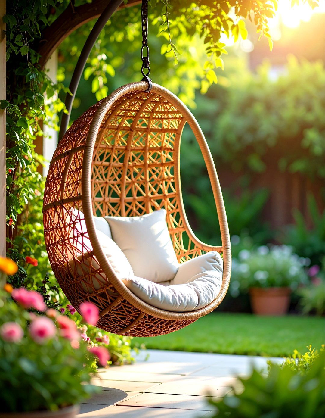 Firefly Create a high quality image with extra brightness of hanging egg chair outdoor rea - 20 Outdoor Reading Nook Ideas