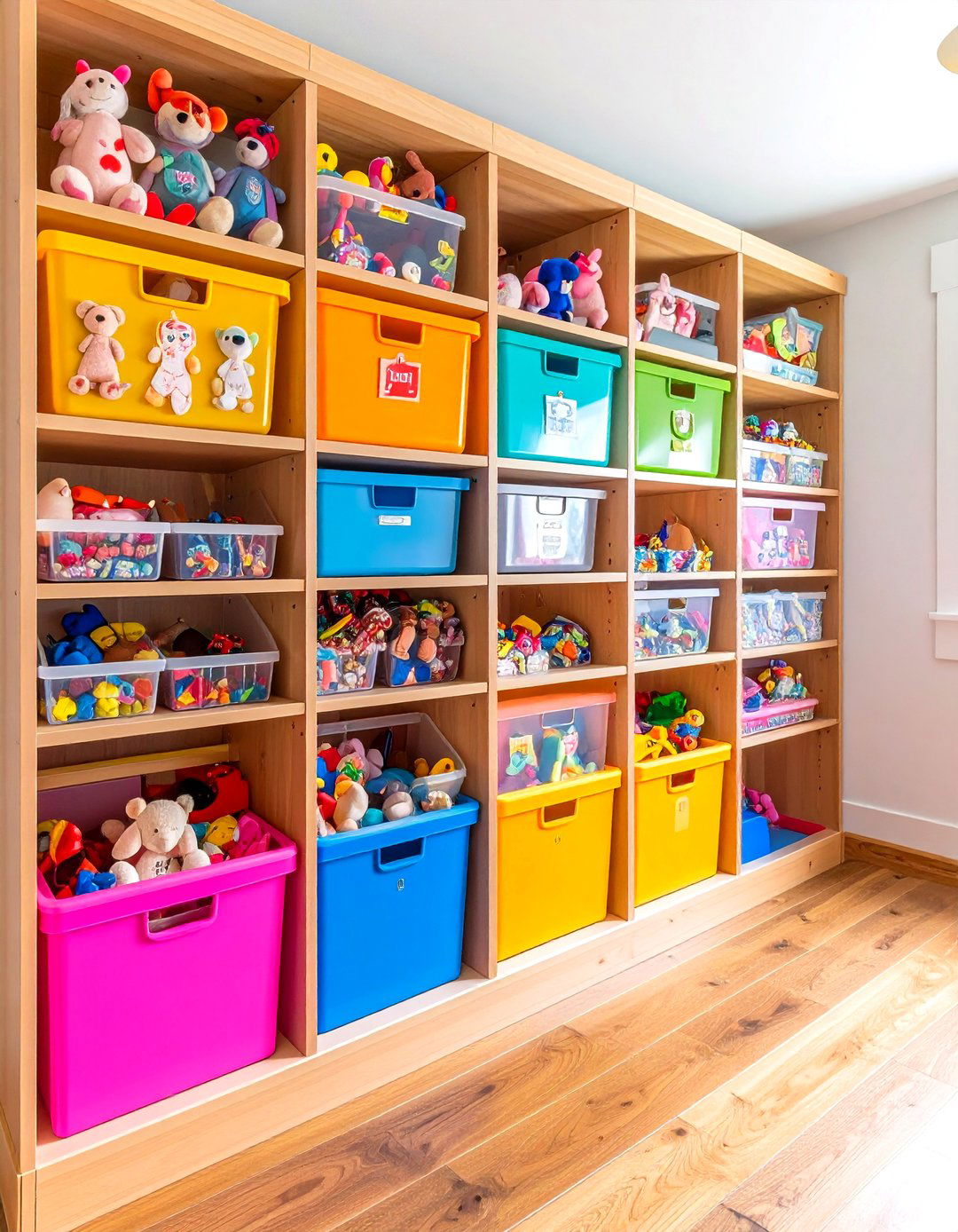 Firefly Create a high quality image with extra brightness of labeled storage bins clear