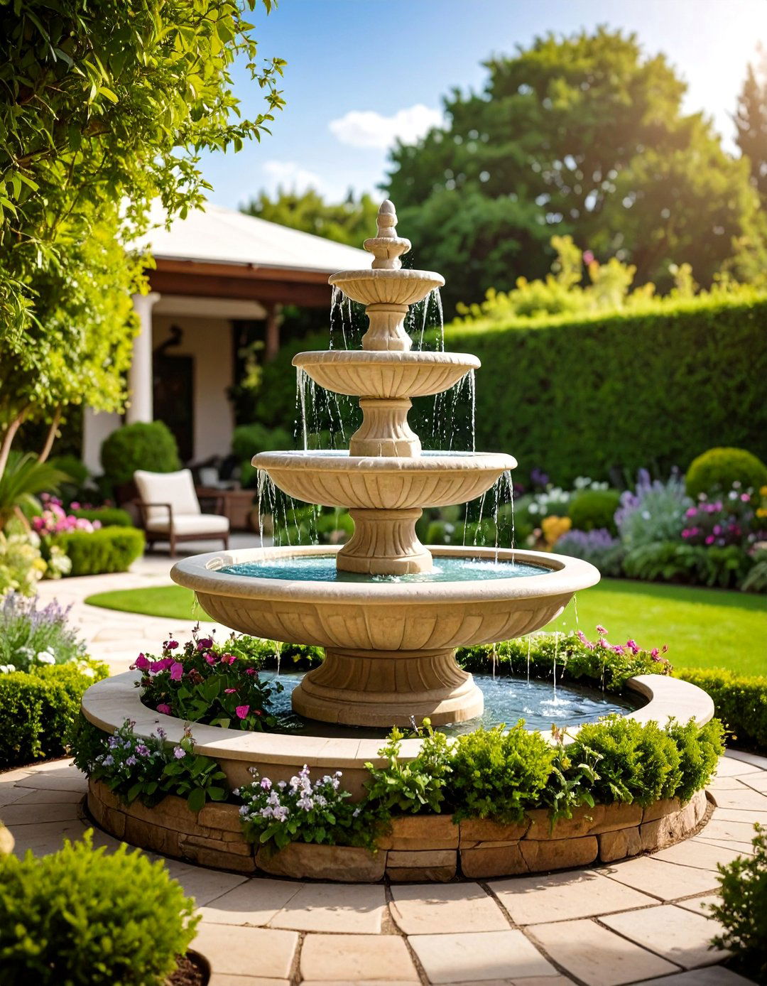Firefly Create a high quality image with extra brightness of tiered garden fountain with m - 20 Garden Focal Point Ideas