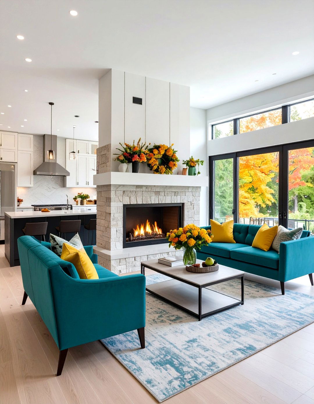 Fireplace Centered Open Kitchen Living Room - 20 Open Kitchen Living Room Ideas