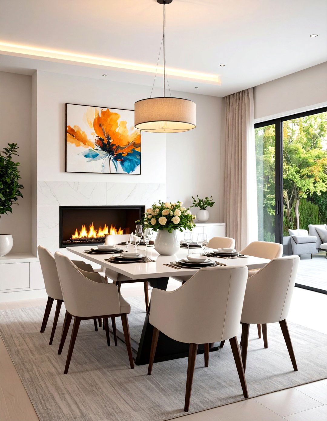 Fireplace Mantel Niche Displays Art Above the Dining Table - 20 Dining Room With Fireplace Ideas