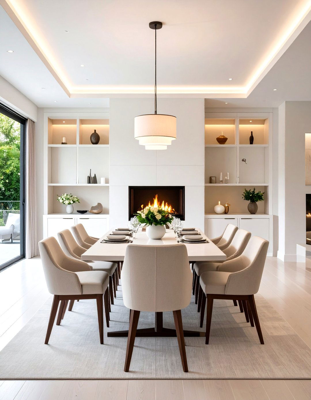 Fireplace Wall with Integrated Storage Streamlines the Dining Room - 20 Dining Room With Fireplace Ideas
