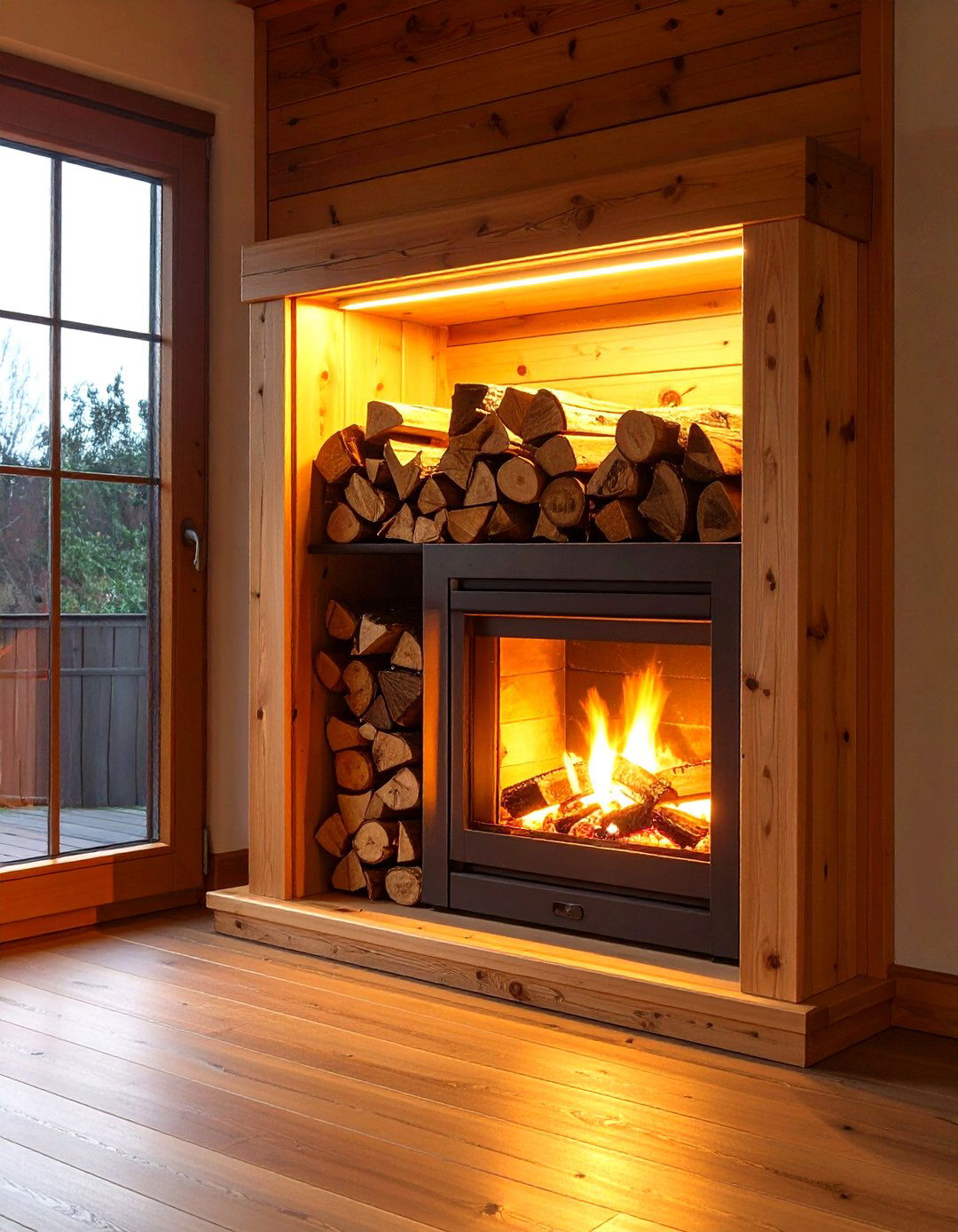 Firewood Niche Lighting Beside the Fireplace - 20 Fireplace Lighting Ideas