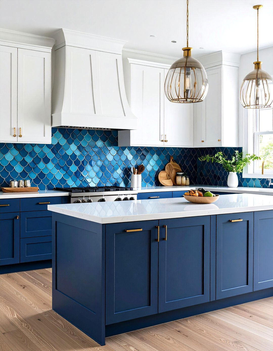 Fish Scale Kitchen Backsplash Pattern in Gradient Blues - 20 Kitchen Backsplash Ideas
