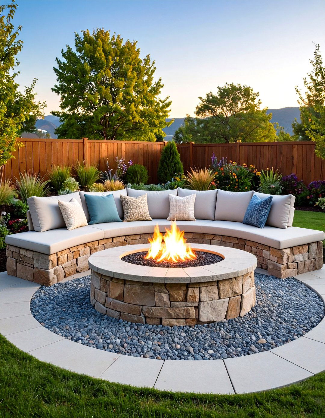 Flagstone Fire Pit with Built In Stone Bench - 20 Flagstone Fire Pit Ideas
