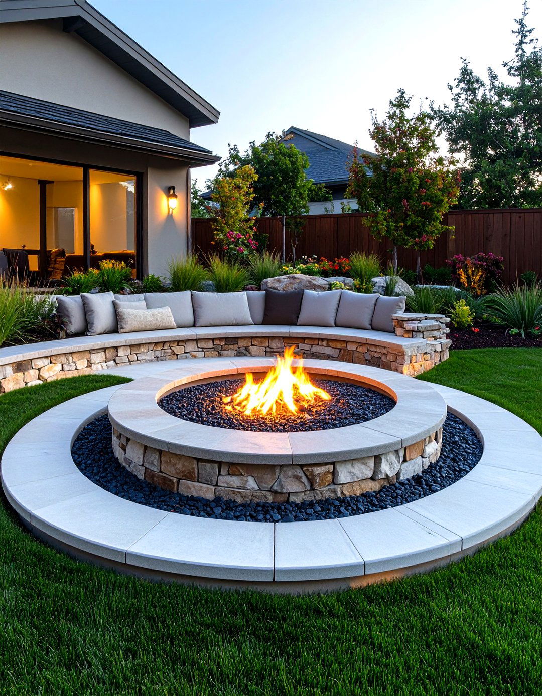 Flagstone Fire Pit with Retaining Wall Seating - 20 Flagstone Fire Pit Ideas