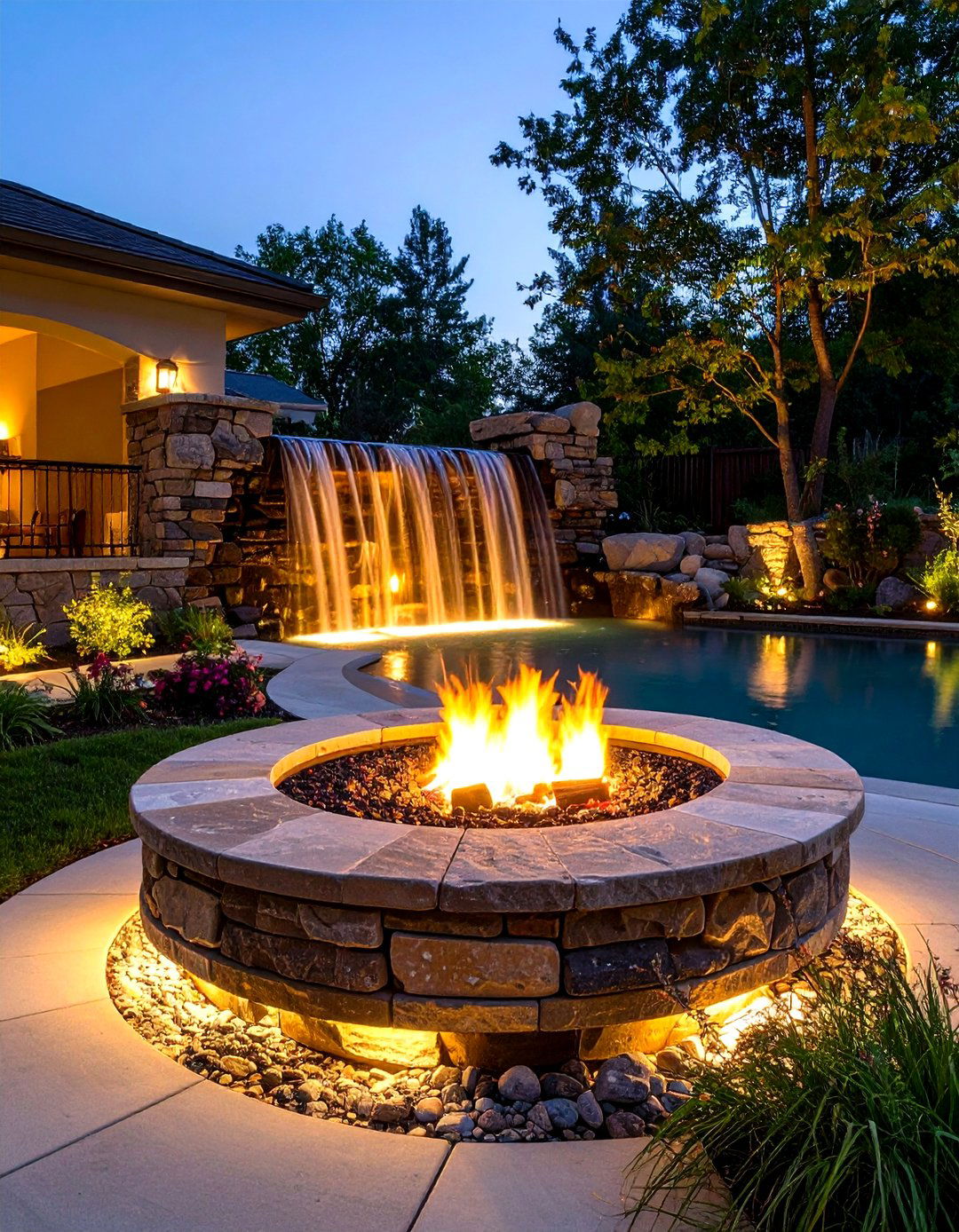 Flagstone Fire Pit with Water Feature Accent - 20 Flagstone Fire Pit Ideas