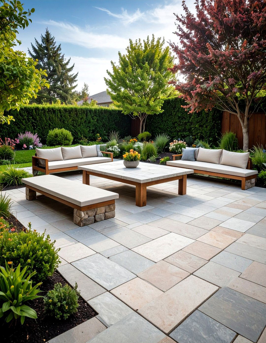 Flagstone Patio Featuring Built In Stone Benches and Tables - 20 Flagstone Patio Ideas