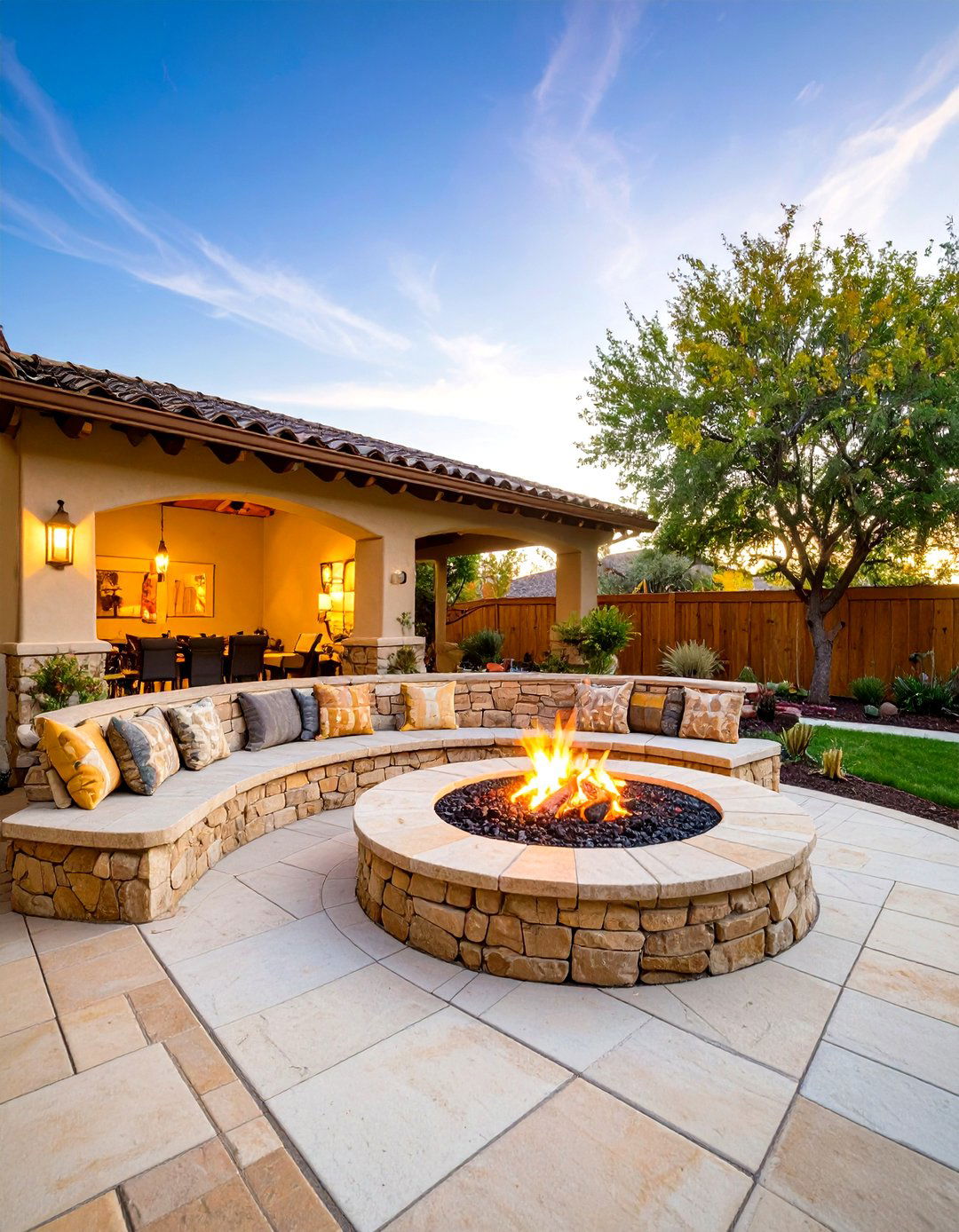 Flagstone Patio Fire Pit Nook with Curved Seat Wall - 20 Flagstone Patio Ideas
