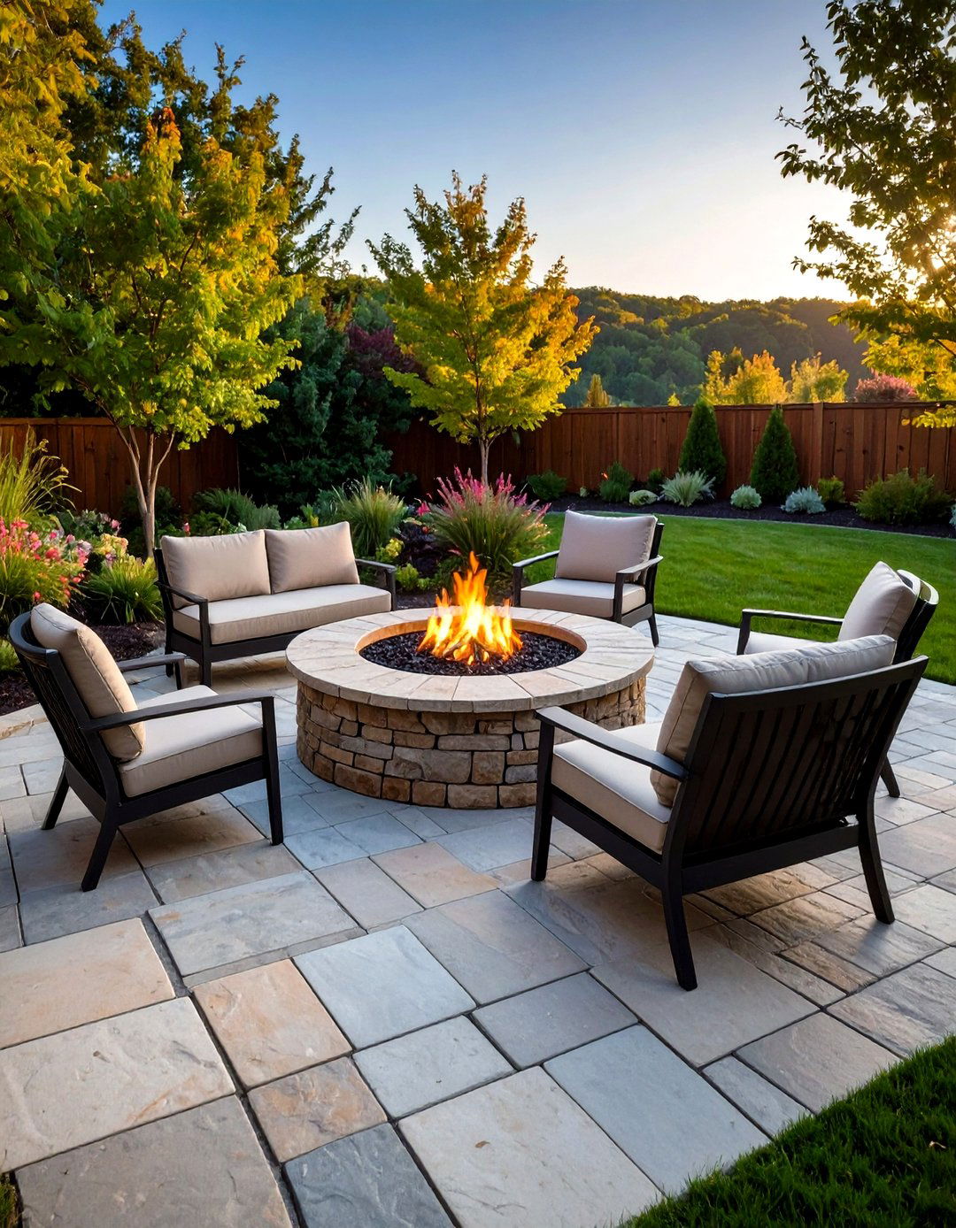 Flagstone Patio Integrated Fire Pit - 20 Stone Fire Pit Ideas