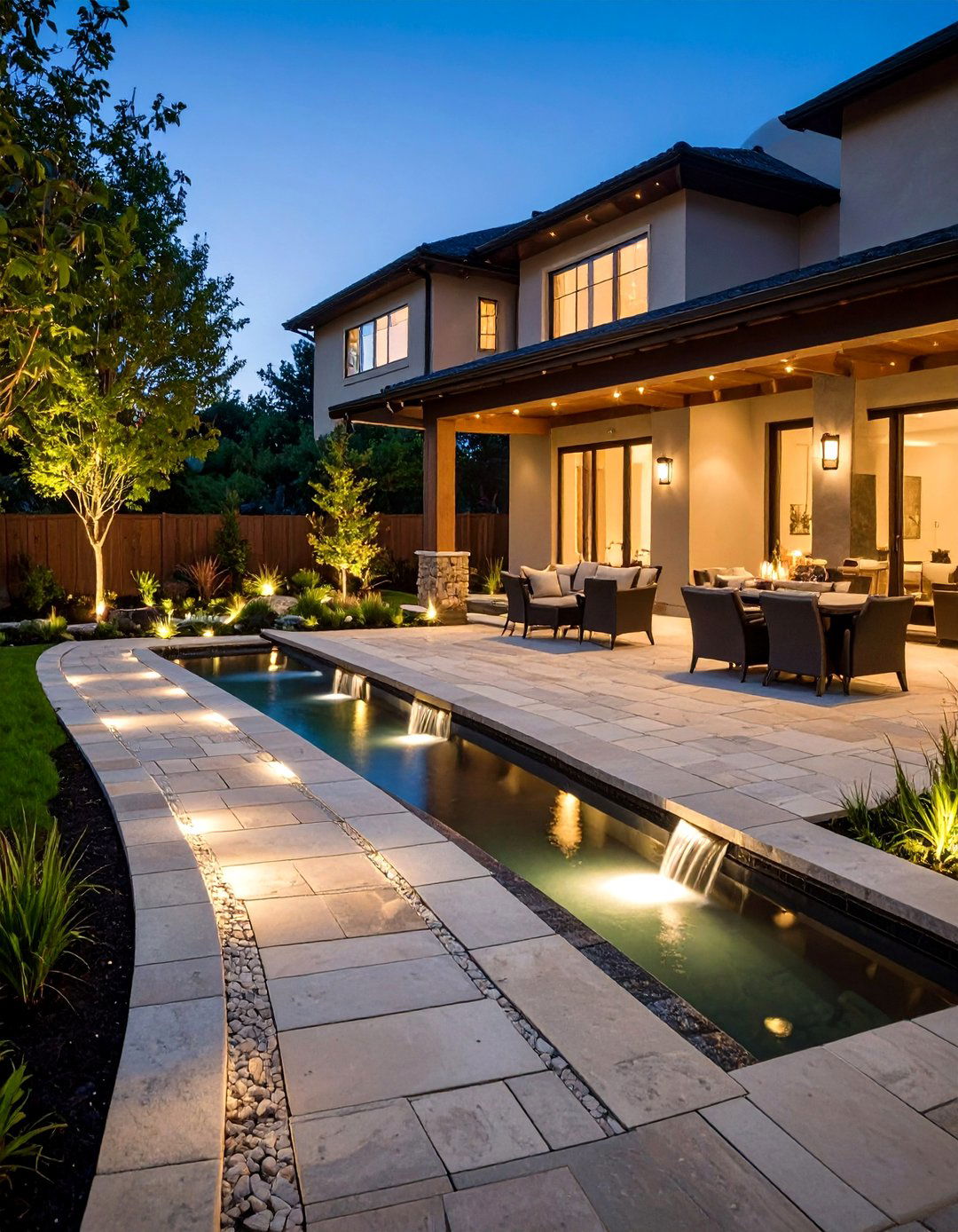 Flagstone Patio with Rill Fed Water Feature - 20 Flagstone Patio Ideas