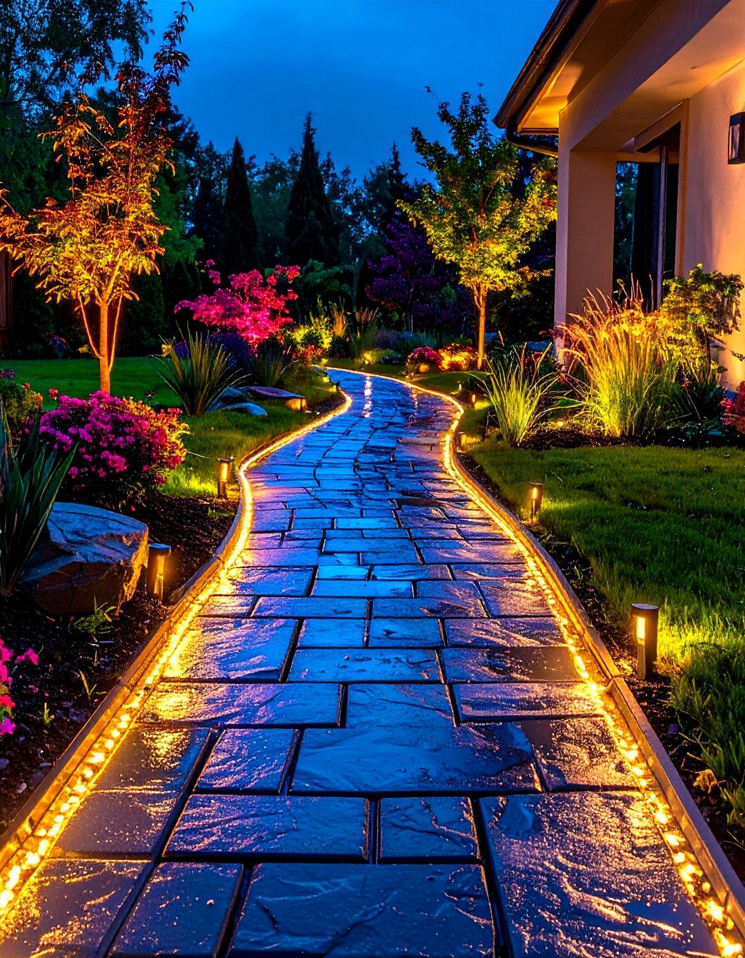 Flagstone Walkway Illuminated with Low Voltage Edge Lighting - 20 Flagstone Walkway Ideas