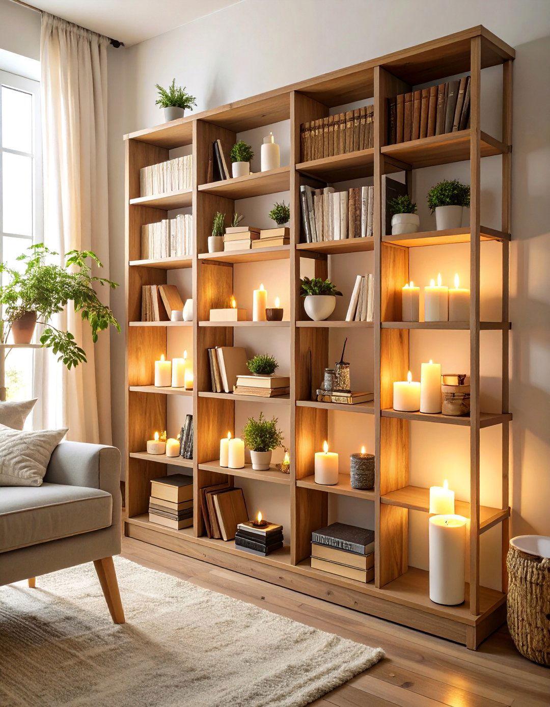 Flameless Candle Bookshelf Lighting - 20 Bookshelf Lighting Ideas
