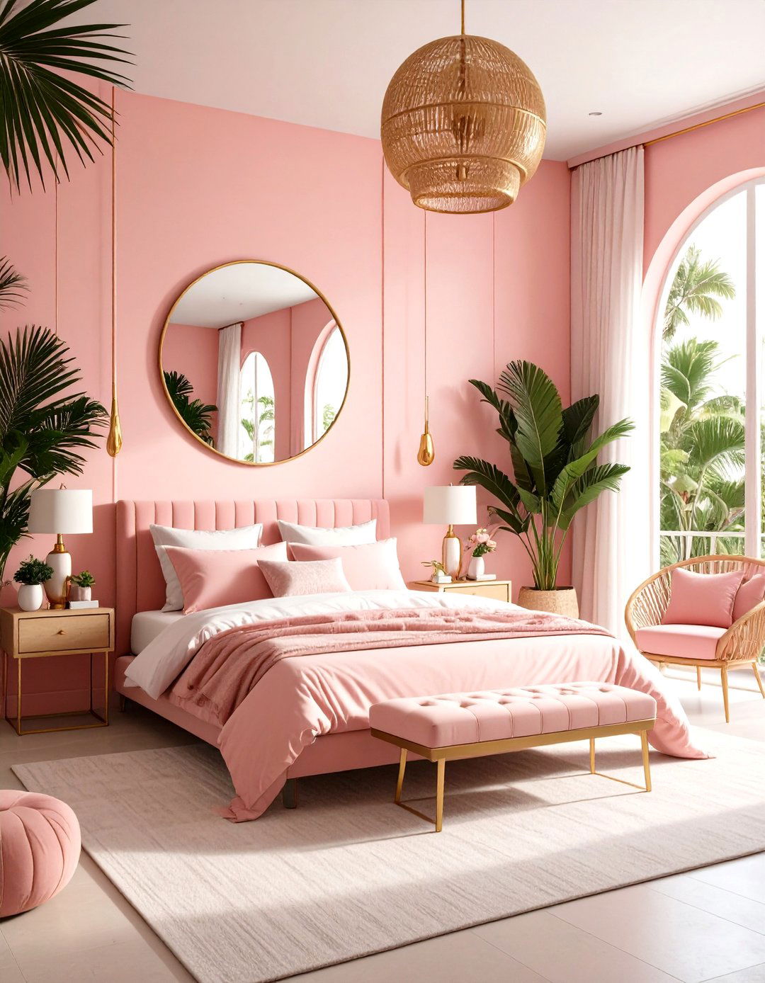 Flamingo Pink Boho Bedroom with Tropical Art Deco Flair - 20 Pink Boho Bedroom Ideas