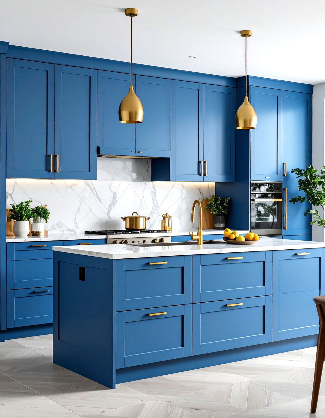Flat Panel Blue Kitchen Cabinets with Gold Bar Pulls - 20 blue kitchen cabinets with gold hardware