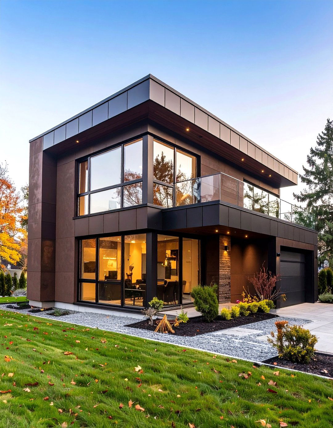 Flat Roof Geometry Highlights a Dark Brown House Exterior - 20 Dark Brown House Exterior Ideas
