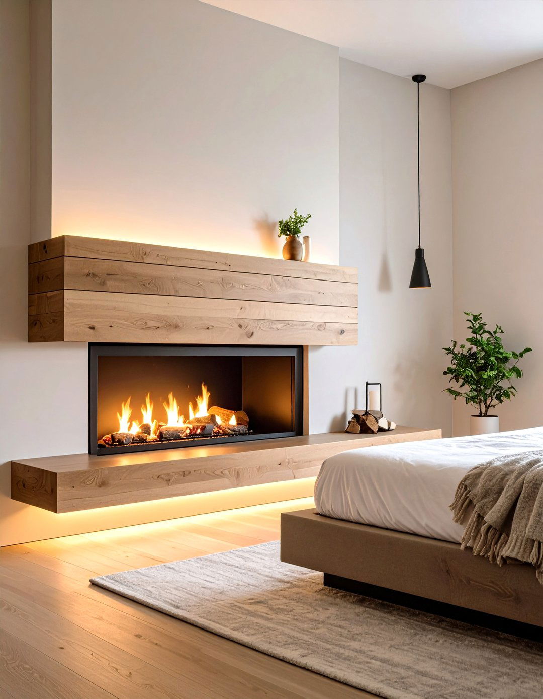 Floating Bedroom Fireplace Mantel with Hidden LED Uplighting - 20 Bedroom Fireplace Ideas