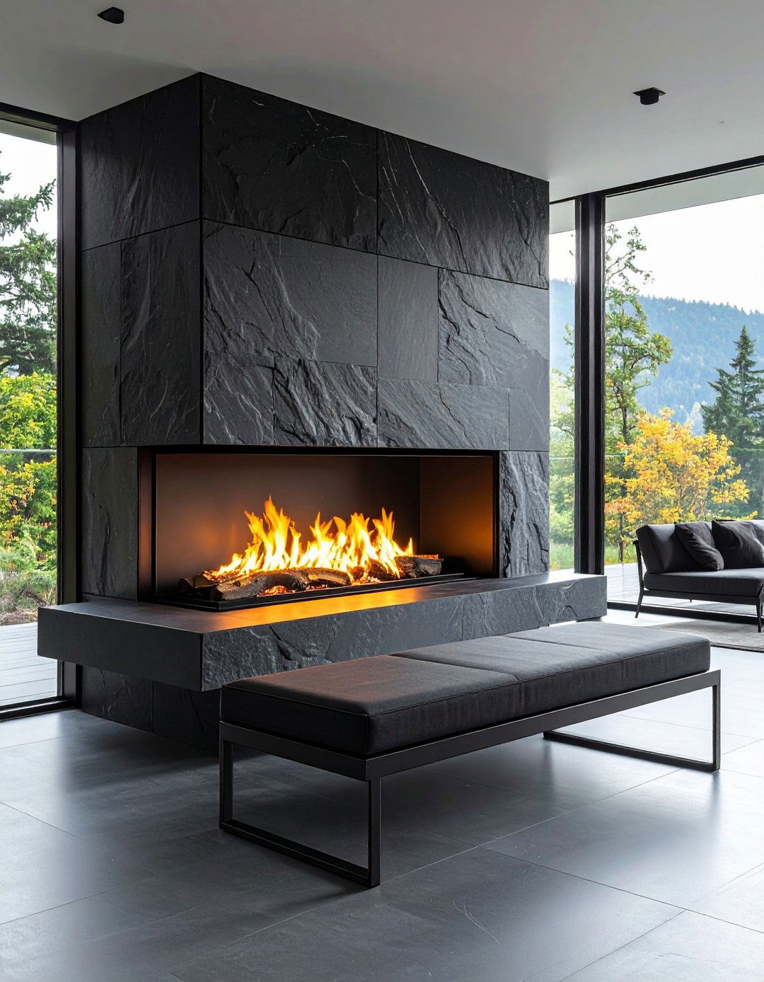 Floating Bench Hearth Adds Lightness to Dark Stone - 20 Black Stone Fireplace Ideas