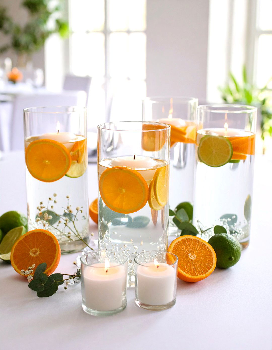 Floating Candle Wedding Centerpiece with Citrus Fruits - 20 Wedding Centerpiece Ideas