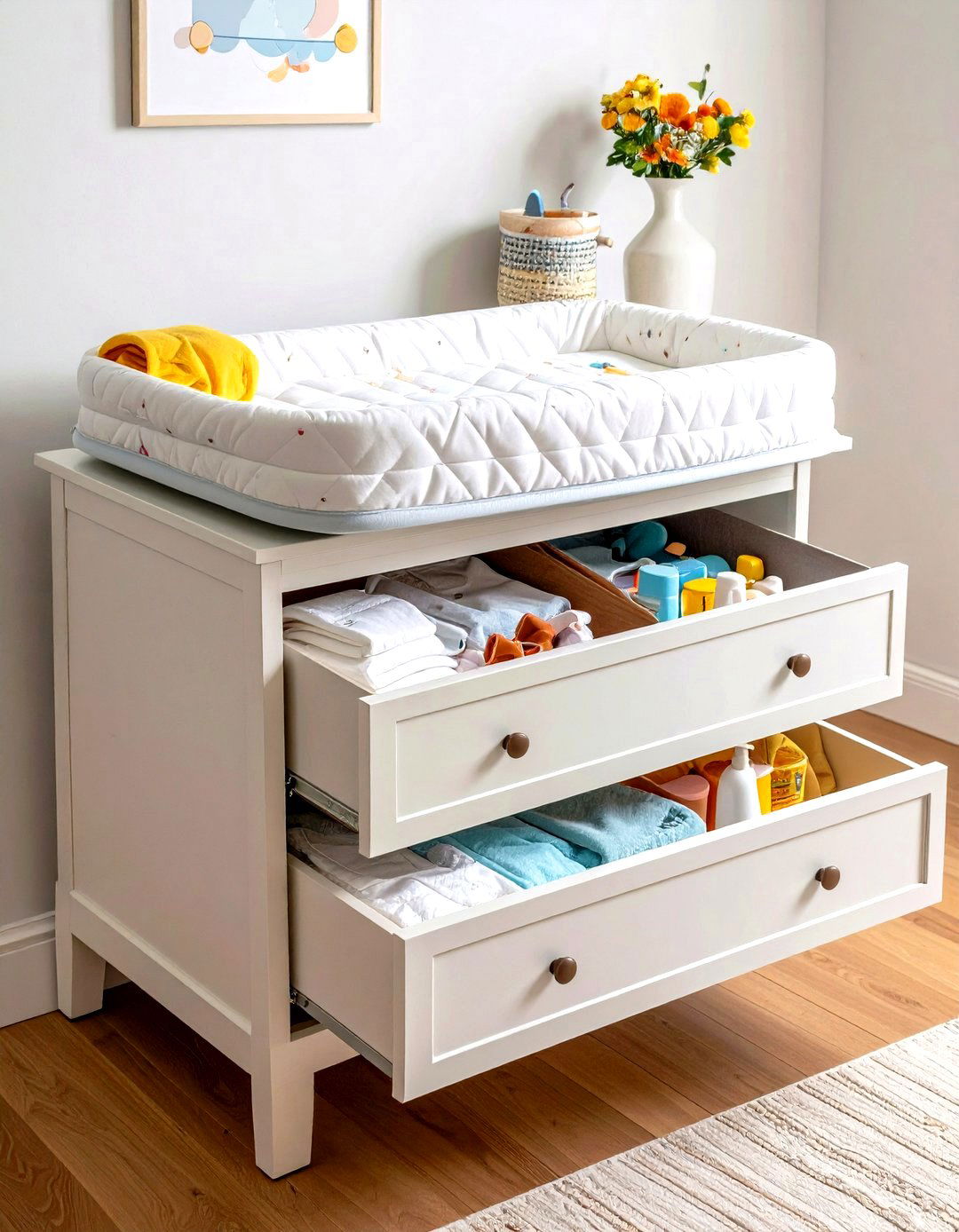 Floating Changing Pad atop Dresser - 20 Small Nursery Ideas