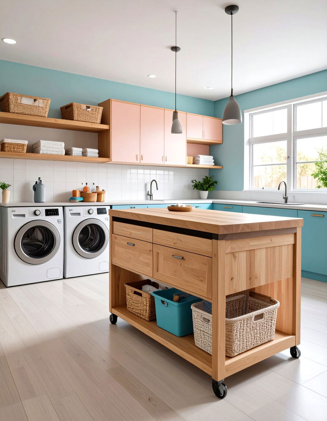 Floating Counter Over Machines Saves Every Inch - 20 Boho Laundry Room Ideas