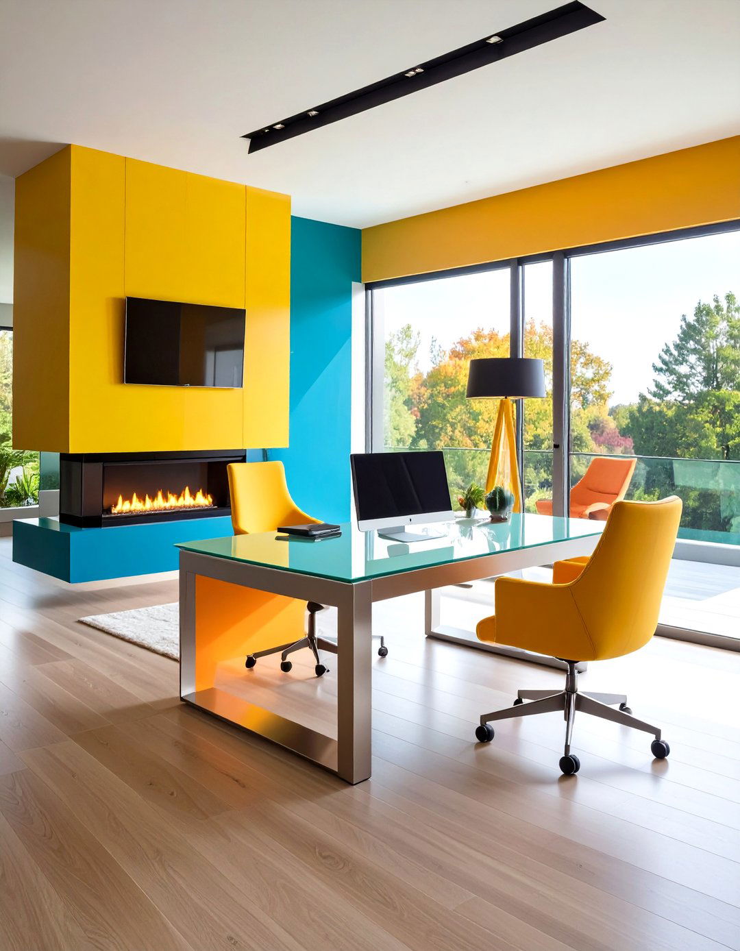 Floating Desk Above Modern Linear Fireplace - 20 Home Office With Fireplace Ideas