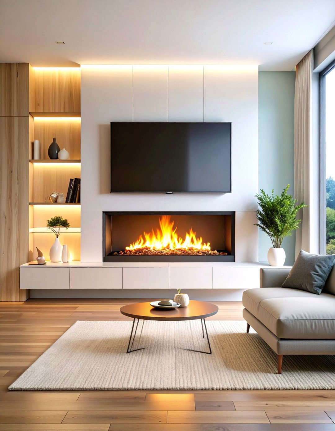 Floating Electric Fireplace Media Wall for Sleek Symmetry - 20 Electric Fireplace Ideas With Tv Above