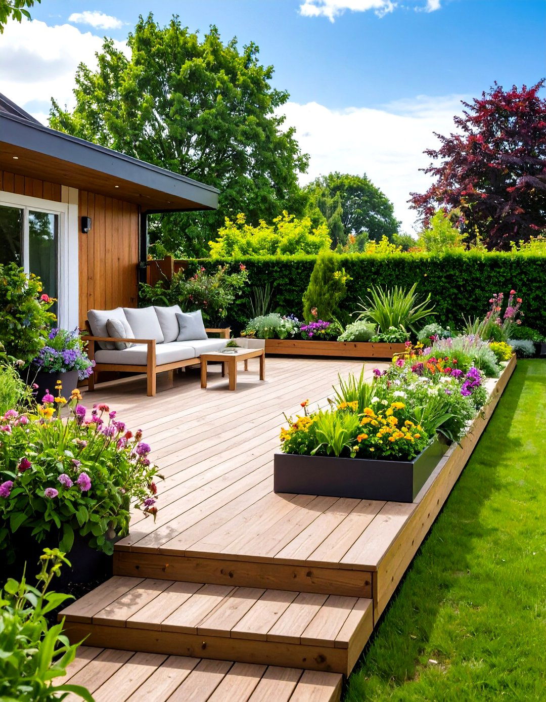 Floating Ground Level Deck with Built in Planters - 20 Backyard Deck Ideas