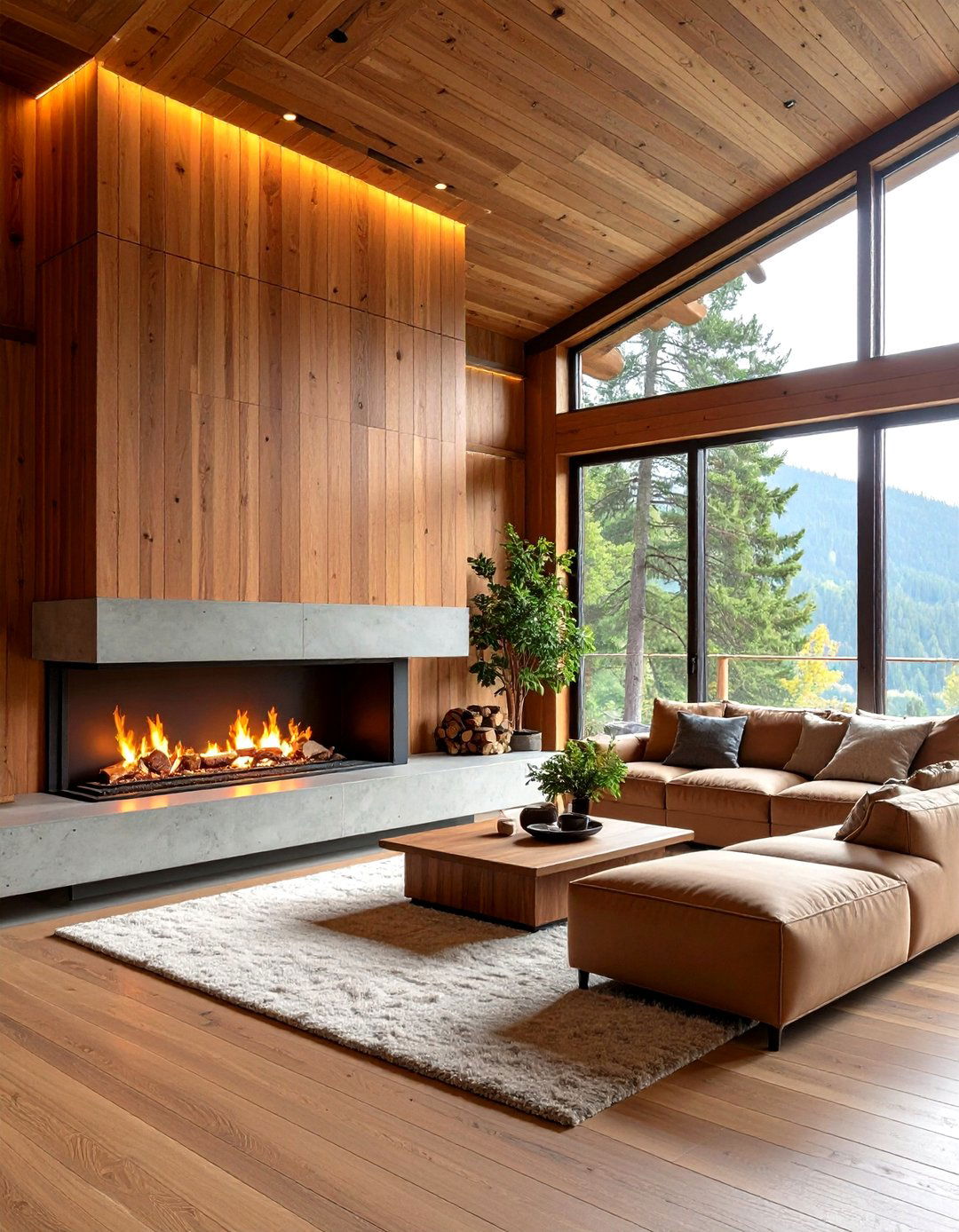 Floating Hearth with Wood Accent Wall - 20 Two-story Fireplace Ideas