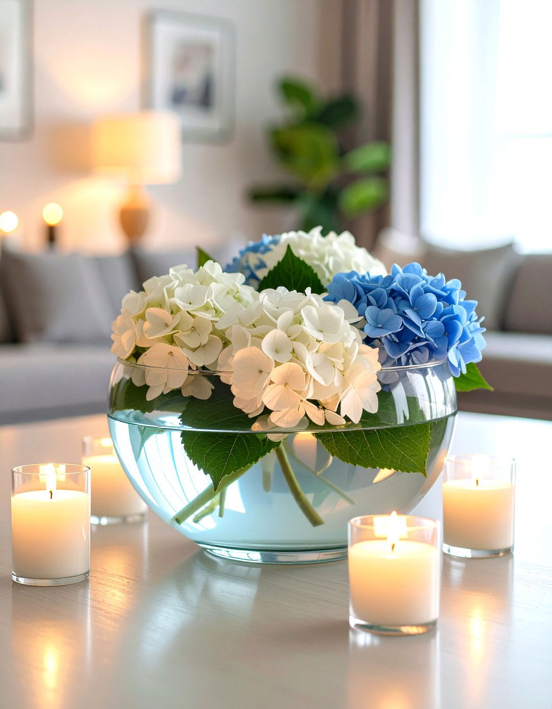 Floating Hydrangea Centerpiece in Shallow Bowl - 20 Hydrangea Centerpiece Ideas