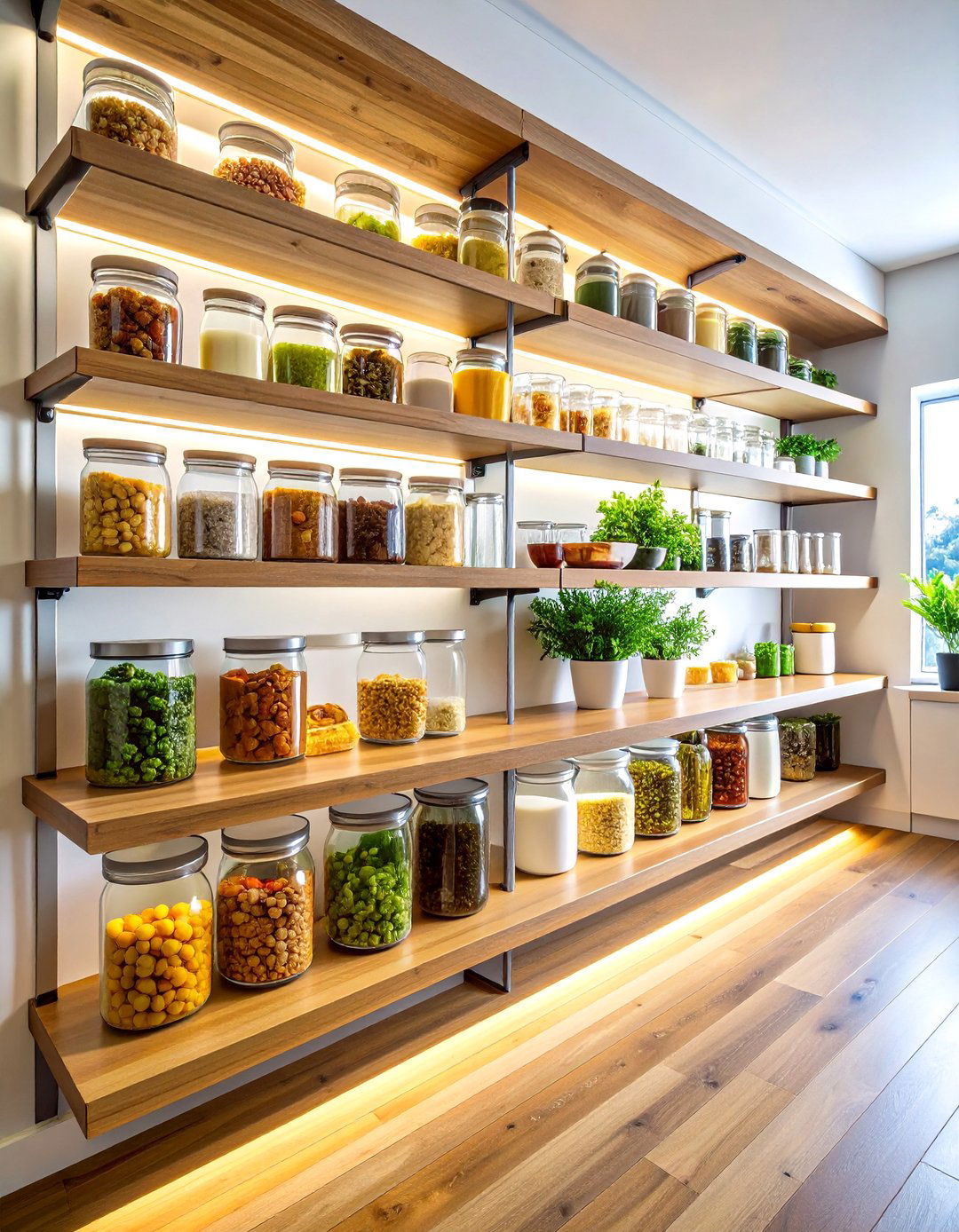 Floating Kitchen Pantry Shelves with Glass Display - 20 Kitchen Pantry Ideas