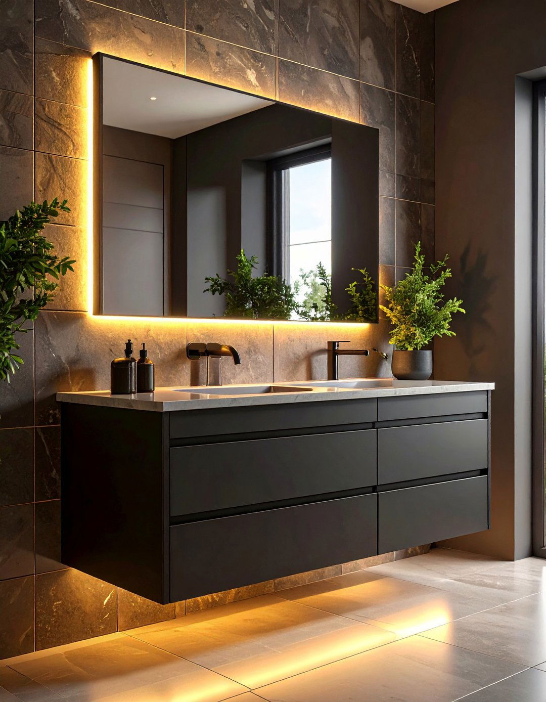 Floating Matte Black Vanity With Hidden LEDs - 20 Black Vanity Bathroom Ideas
