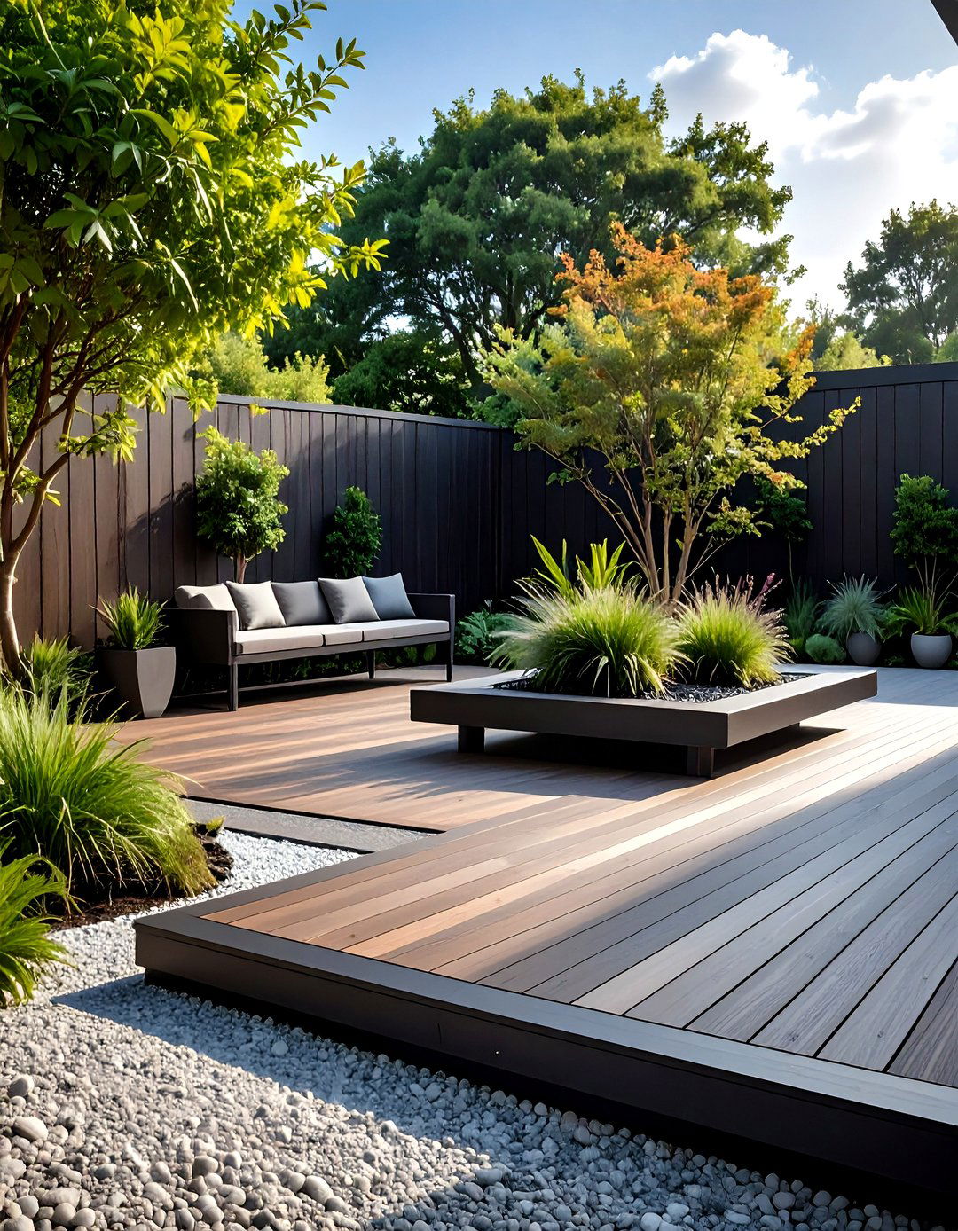 Floating Minimalist Deck Framing a Gravel Zen Patio - 20 Deck and Patio Combination Ideas