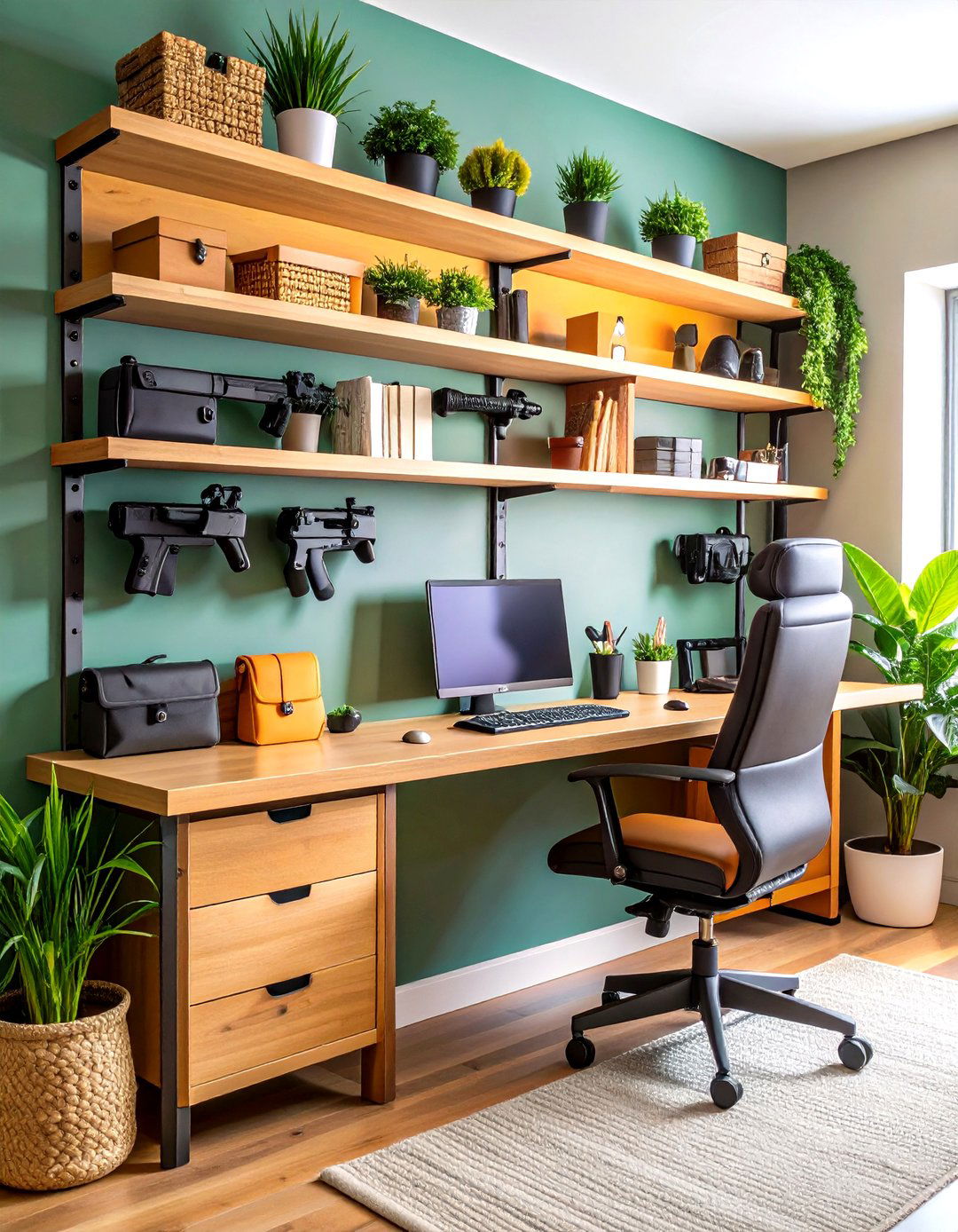 Floating Shelf Gun Wall with Integrated Holsters - 20 Gun Wall Ideas