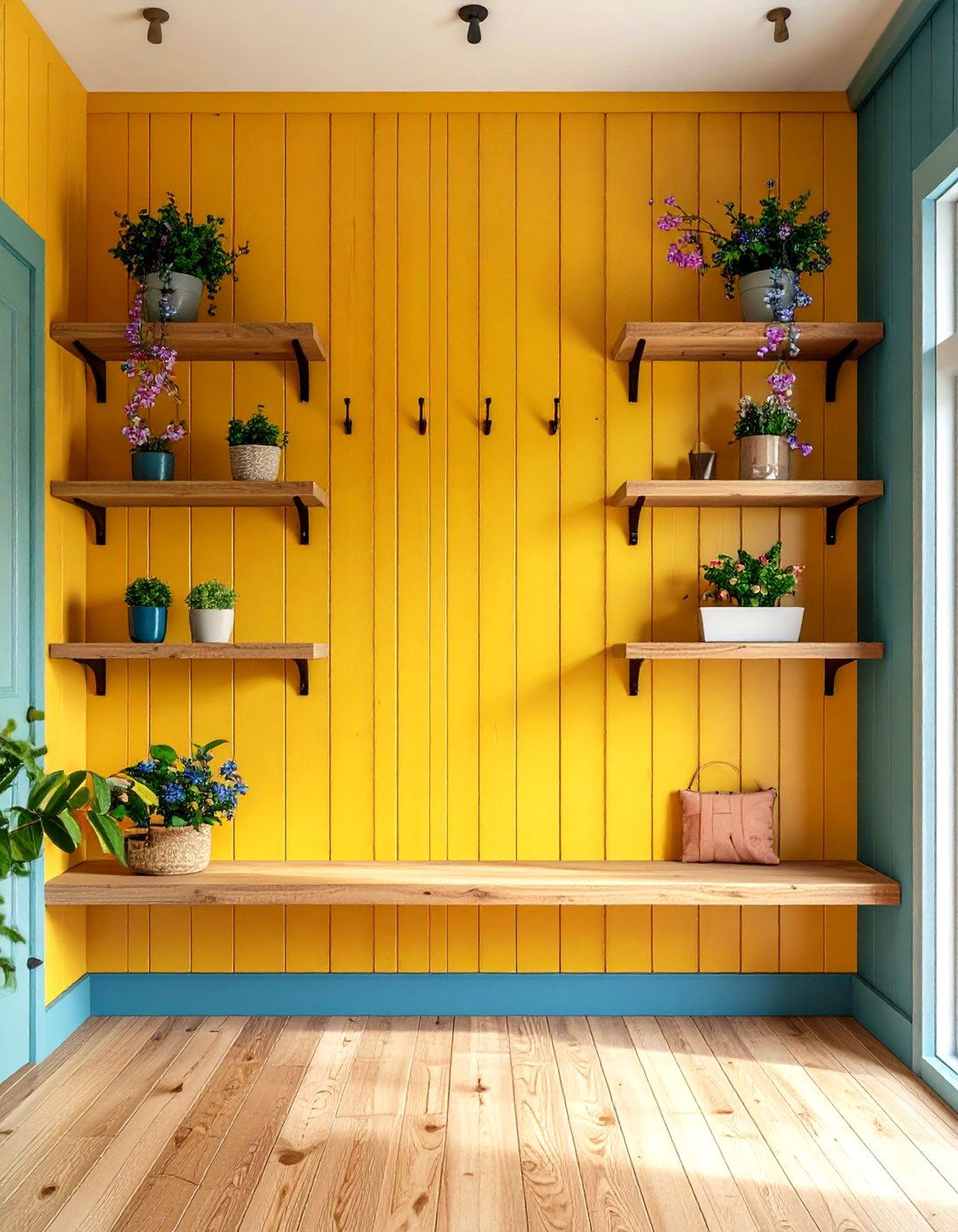 Floating Shelves and Hook Rails - 20 Shiplap Wall Entryway Ideas