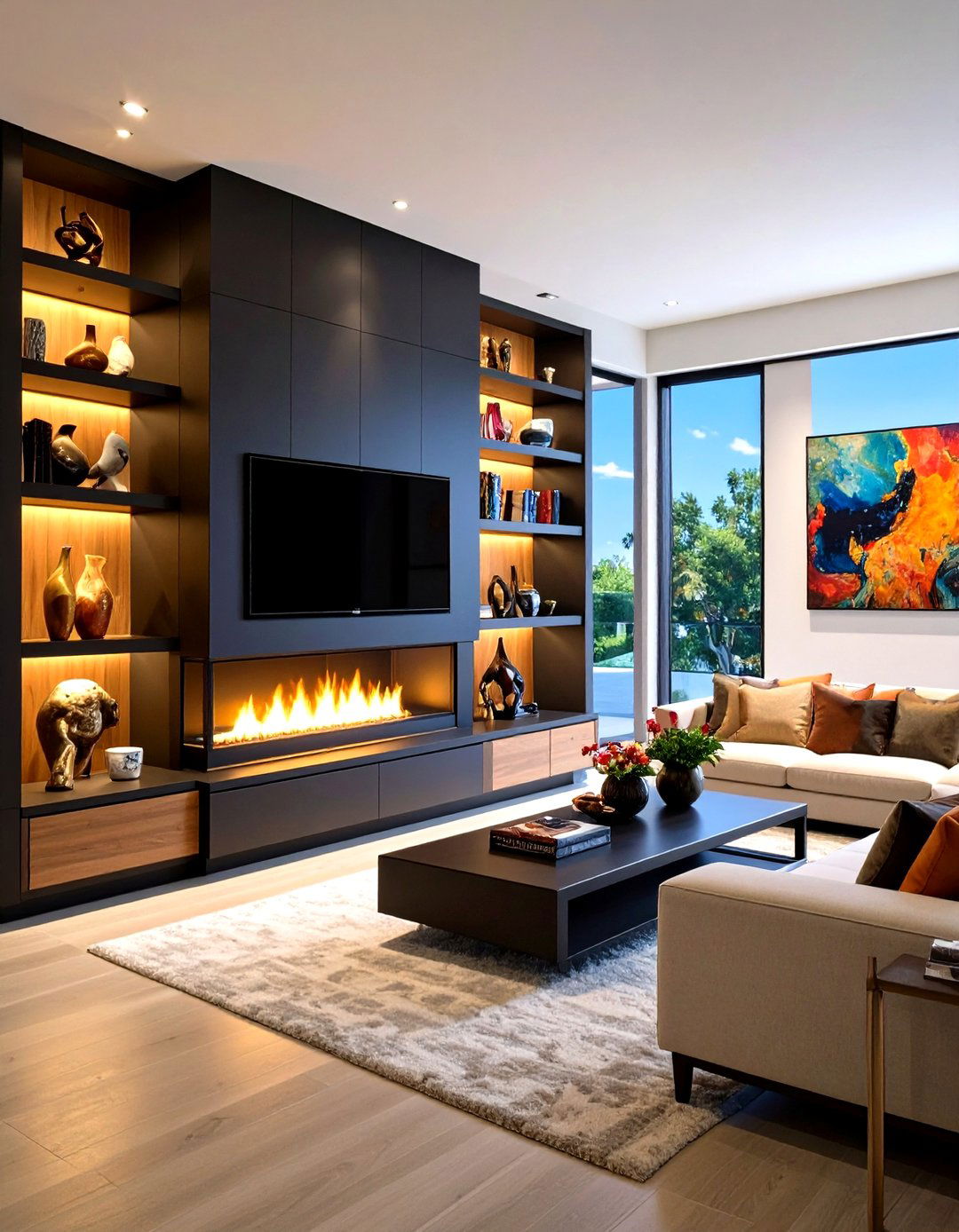 Floating Shelves and Stucco Fireplace for Airy Minimalism - 20 Fireplace Built-in Ideas