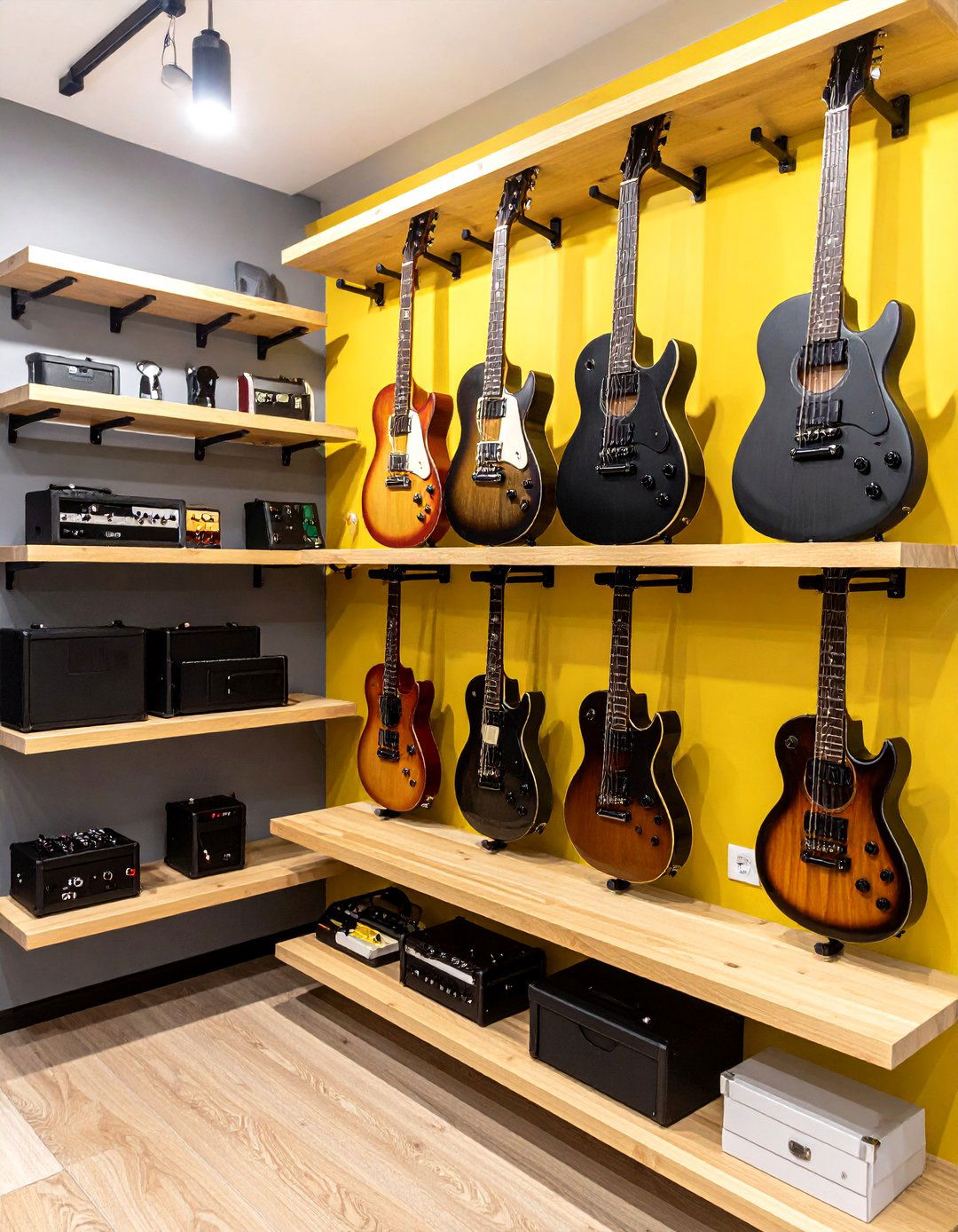 Floating Shelves for Guitar Gear - 20 Guitar Room Ideas