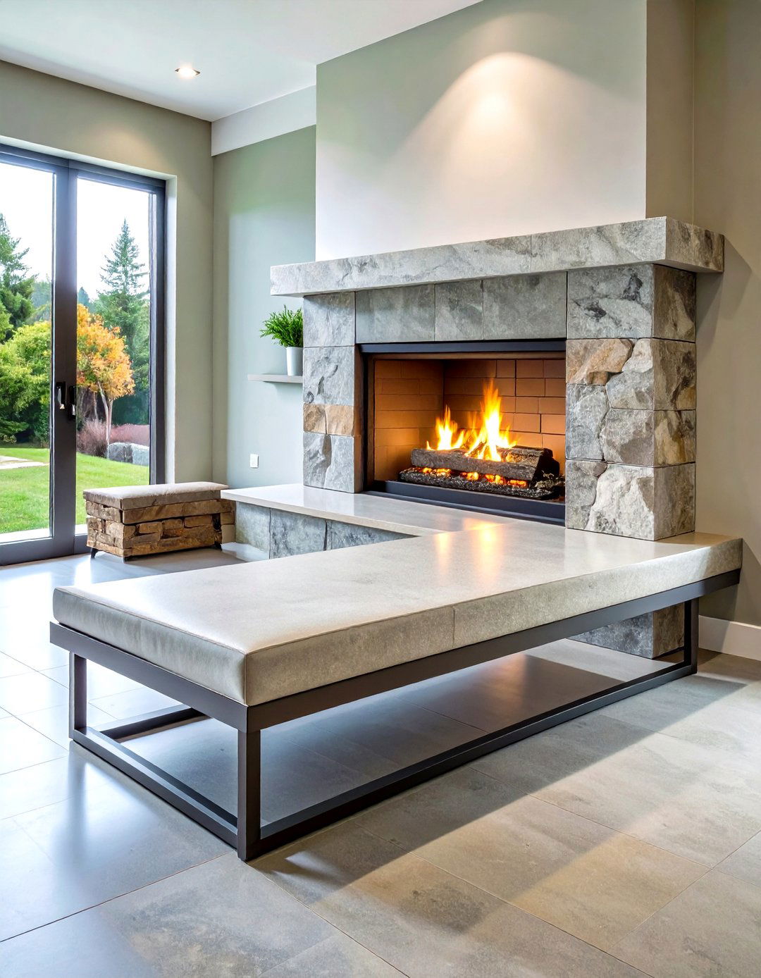 Floating Stone Fireplace Bench for Sleek Minimalism - 20 Fireplace Bench Ideas